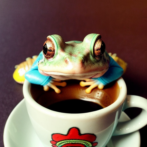 A hillarious, funny boho toad with some hippie colored coffee cups. Psychedelic decorated background, hyperrealistic. Close-up view.