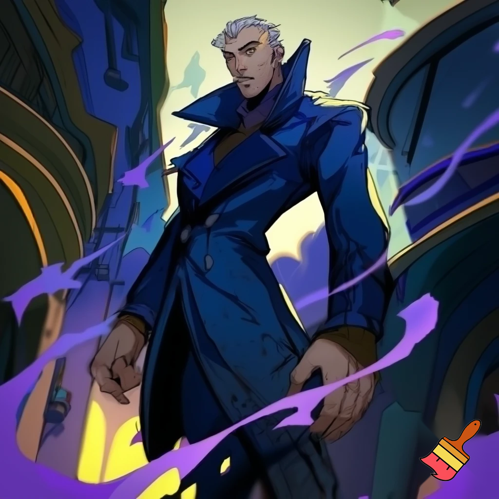 Percival from Vox Machina in the cartoon style of hazbin hotel wearing his signature blue overcoat with smoke curling around him