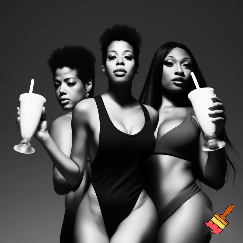 Black and white sports illustrated magazine cover of Kelis and Megan Thee Stallion Kelis wearing a black bathing suit and Megan Thee Stallion wearing a brown bikini both holding milkshakes