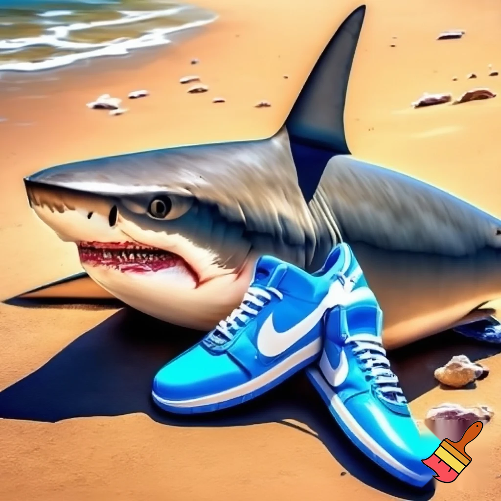 shark with blue Nikes on the beach