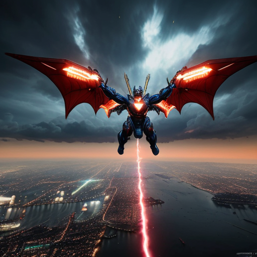 A dragon armored high-tech superhero flying in the sky with energy thrusters, mechanical dragon wings deployed, shooting energy beams from hands, futuristic city below, dramatic clouds, cinematic action shot, motion blur, ultra realistic, 8k, dynamic pose