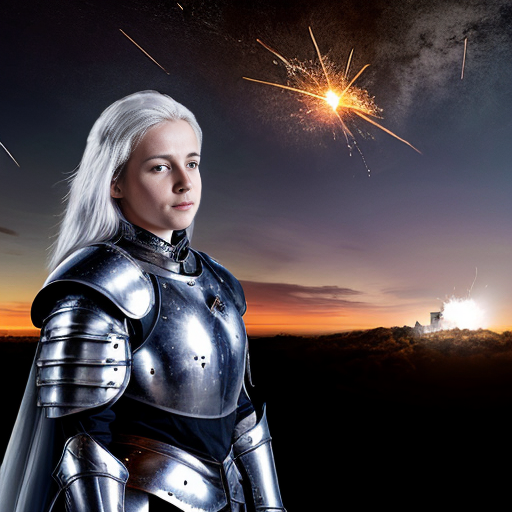young white-haired woman in armor watches as meteorites fall on her castle