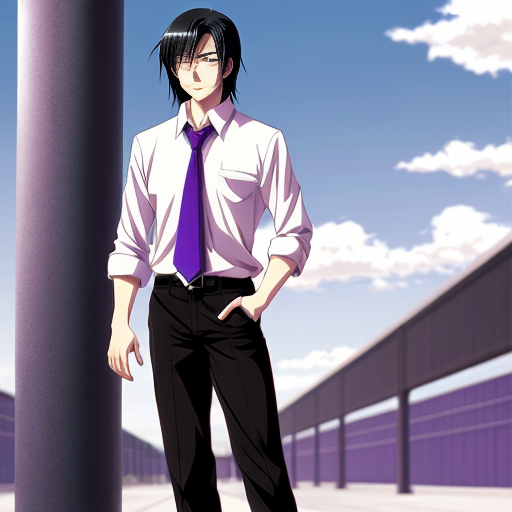 a anime tall guy with black hair purple eyes business pants anime.

 