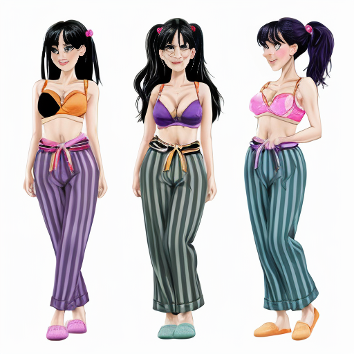 90's Disney style comic with dark blue background with six panel grids showing 
Panel 1 the black haired ponytail woman with ,dark purple skin ,purple and yellow spotted harem pants,and bra and purple sash and yellow vest and purple curved slippers. 
Panel 2 the black haired ponytail woman with white skin,black and white striped harem pants,black and white bra and black sash and black vest and white curved slippers. 
Panel 3 the black haired ponytail woman with blue skin, light and dark blue striped harem pants, light blue bra and dark blue sash and dark blue vest and light blue curved slippers . 
Panel 4 the black haired ponytail woman with green skin, light and dark green harem pants, light green bra and dark green sash and dark green vest and light green curved slippers. 
Panel 5 the black haired ponytail woman with dark pink skin, pink harem pants, pink bra and pink sash and pink vest and pink curved slippers. 
Panel 6 the black haired ponytail woman with orange and purple striped harem pants, purple bra and orange sash and orange vest and purple curved slippers and all are having their hand palms place together near their chest and swaying their hips