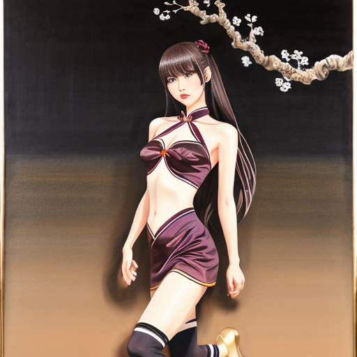 黑色长发女性，完美身材，完美动作，日式二次元手绘，全身照，黑色缎面镂空旗袍，金色镶边中国龙暗纹，亮光白色过膝袜，中式庭院背景，夜景，妩媚的眼神，手拿一节梅花枝，精致画风，完美作品