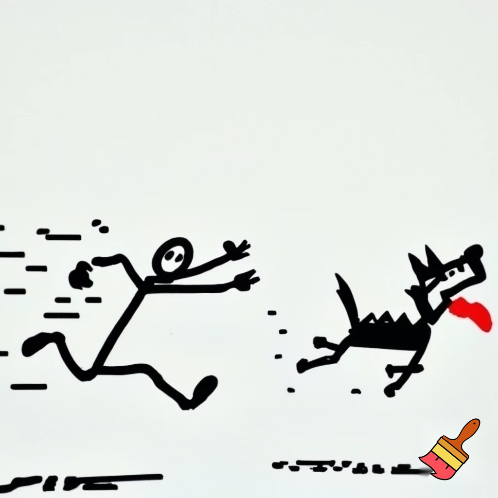 stickman style, ms paint drawing, simple funny cartoon showing a man running away from a dog