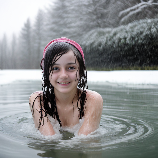 girl teen winter, a showers in red water