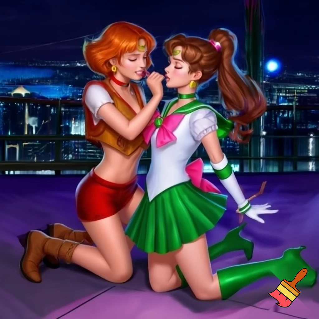 masterpiece, best quality, 2girls, female on female, 1girl, woman, Carol (didnapper), red hair, short hair, brown eyes, medium breasts, red shirt, exposed collarbone, exposed navel, exposed shoulders, brown open vest, brown boots, red shorts, kneeling behind another, smile, putting on gag, over the mouth gag, tying knot, BREAK, 1girl, sailor jupiter, medium hair, brown hair, high ponytail, hair ornament, sidelocks, green eyes, flower earrings, circlet, sailor senshi uniform, magical girl, green choker, green sailor collar, pink bow, white gloves, elbow gloves, green skirt, pleated skirt, pink back bow, green footwear, high heel boots, tied up with rope, bound arms,bound legs, arms tied behind back, hands tied behind back, kneeling, angry,red lips, BREAK, city, night, 
