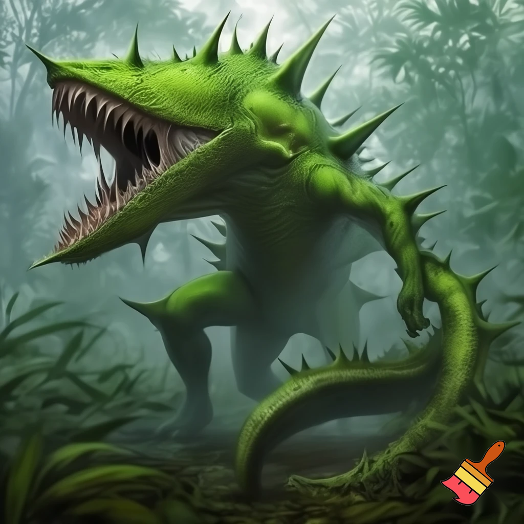 a animal that has green skin and has no eyes
and has a tail with spike on the tail and body and looks like a fly trap and lives in the rainforest has a big mouth and has shark teeth and has legs and arms


 
