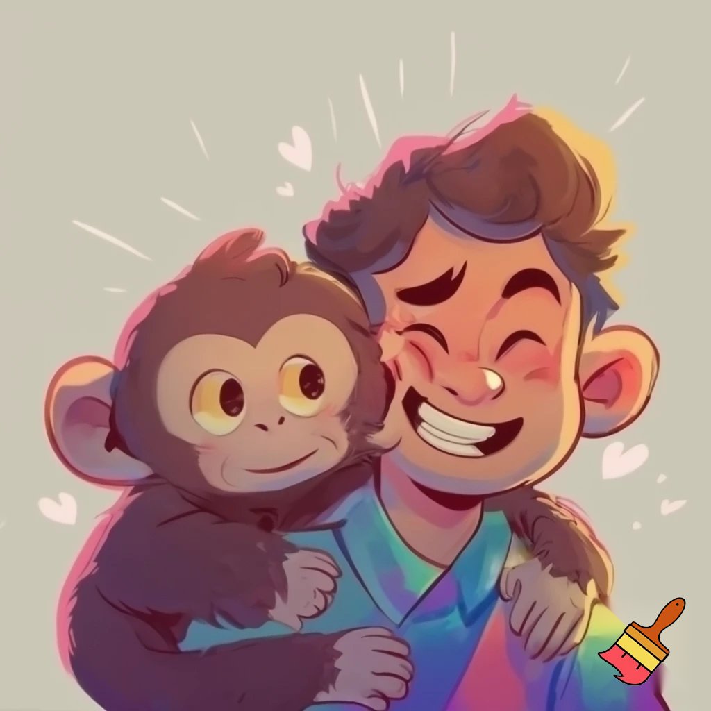 Cartoon man love his monkey 