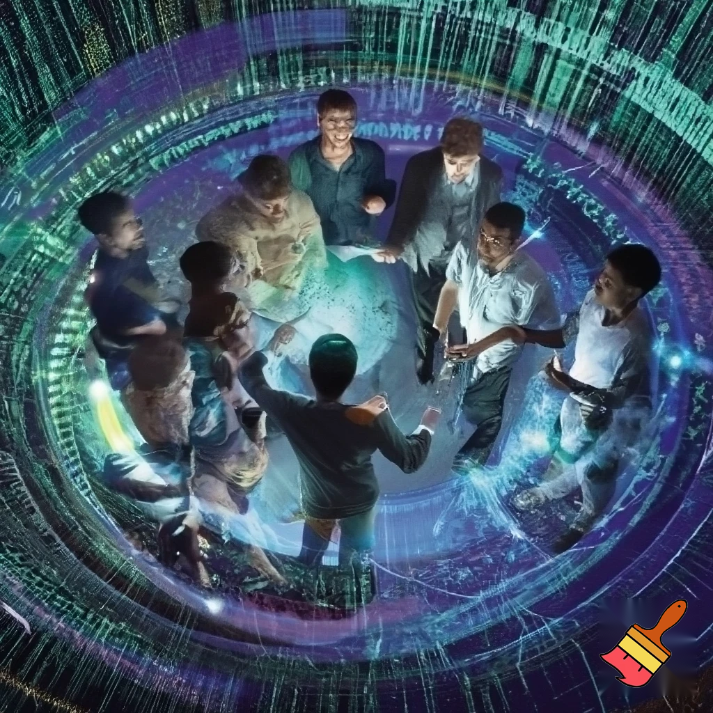 Can you generate an artwork of a team (10 people) that works with data facing challenges and taking decisions?