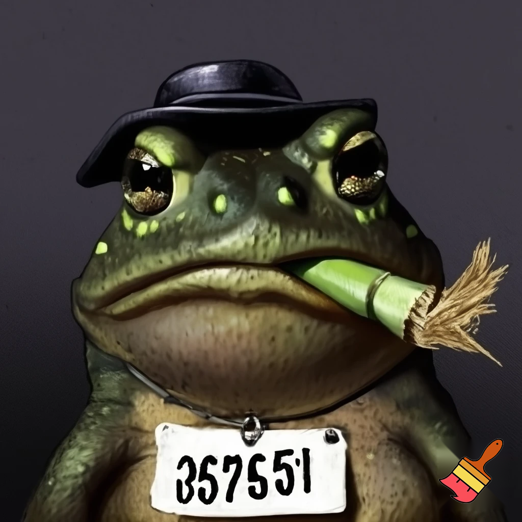 a toad with dark green skin and small little light green glands with a frown smoking sugercane plant with a short tophat in a mughshot  dont make the frog hold the sugercane put it in the toads mouth and make the toad hold a sign saying Cane Toad with the number 659098 and make sure to put in a mughshot