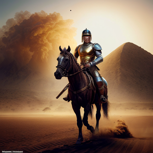 Rajput warrior on horseback, charging in desert storm, cinematic, intense mood, golden hour lighting, low angle shot, dust particles flying, ultra detailed armor, in style of Frank Frazetta --ar 16:9 --v 6