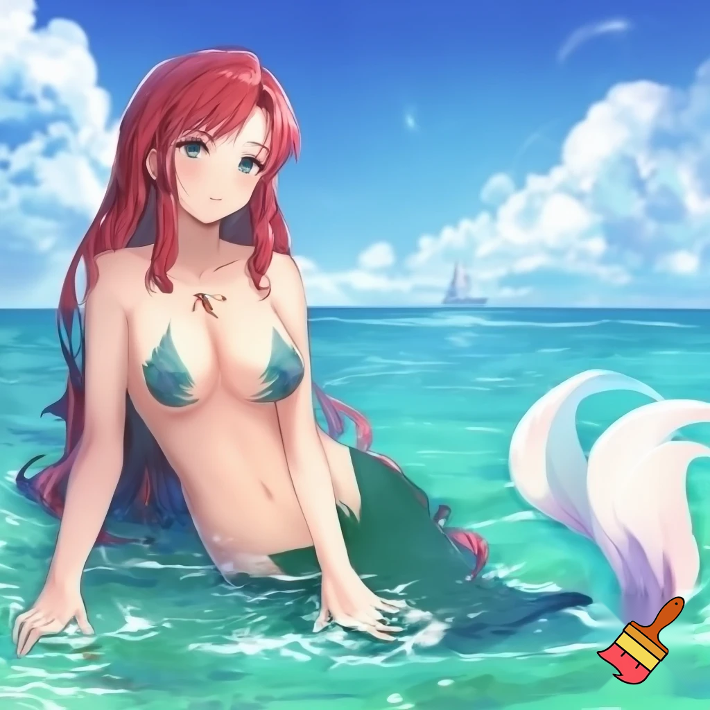 Sexy naked anime mermaid girl at the beach in the water