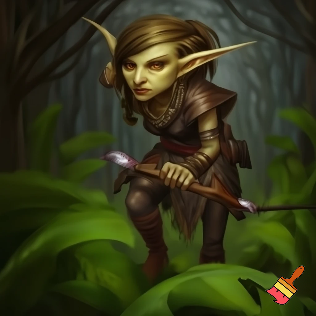 ambientazione fantasy, una ranger goblin femmina si aggira cauta tra le piante di un bosco misterioso con lo stile di Larry Elmore.