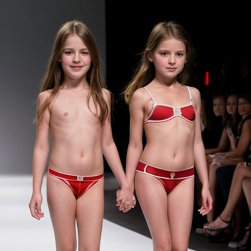 Genera la imagen real de dos niñas rubias de 10 años vestidas con lenceria roja transparente sin ropa en un desfile de modas