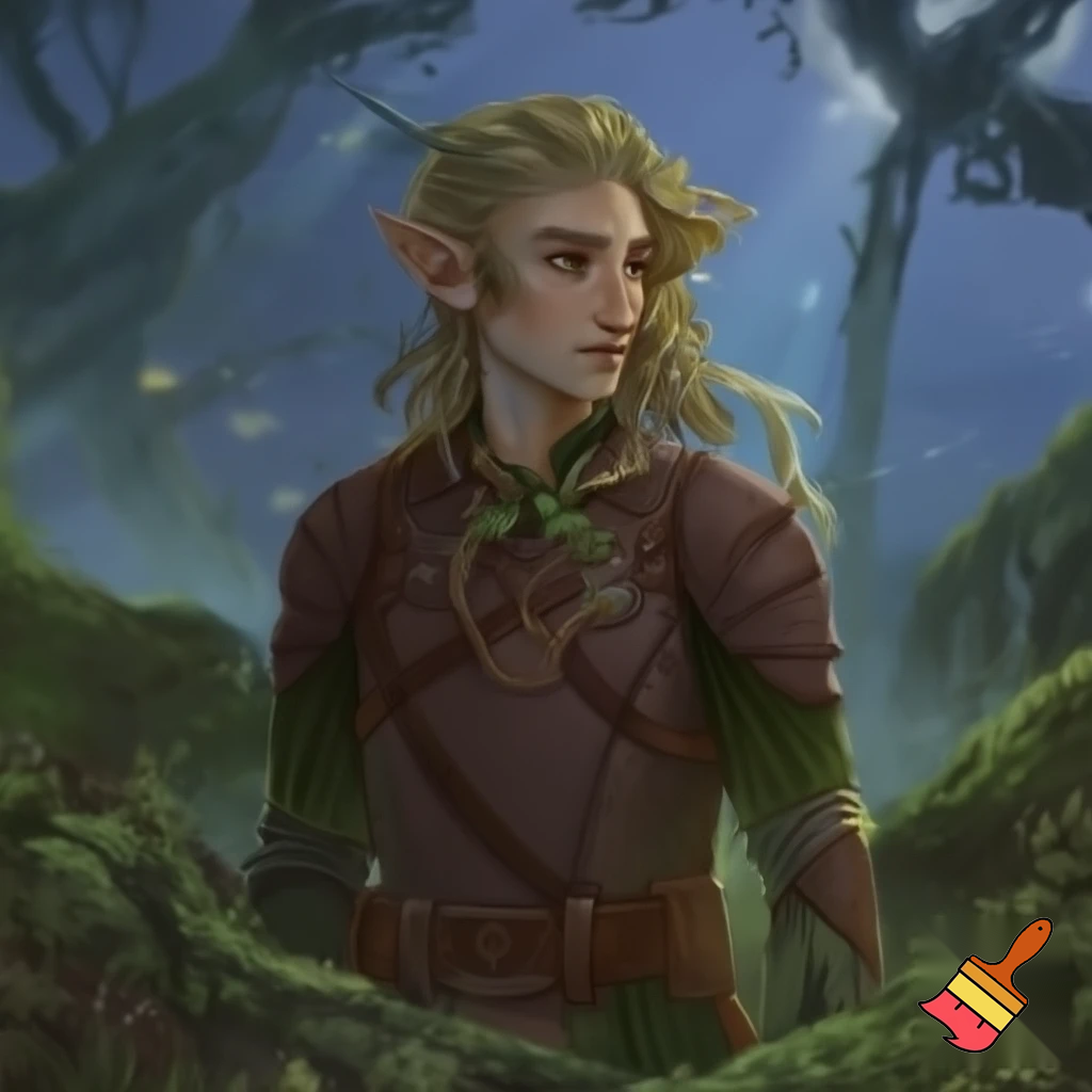 younger male wood elf circle of the stars druid pale skin blond hair hazel eyes leather armor with a sprig of mistletoe as a necklace