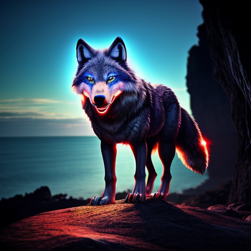 create an image of a blue wolf, with glowing red eyes, gleaming fangs and glowing fur. The backround is a rocky cliff with people coming towards it
