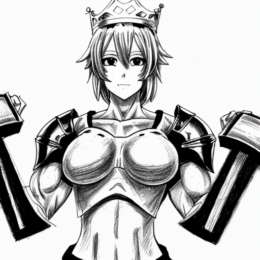 ((anime style drawing)) cute anime girl, huge muscles, she is a knight, she wears metal gauntlets, metal greaves and shoulder pads, she has a breastplate, her defined abs are exposed as well her upper arms, she has a tiara that has crown features

