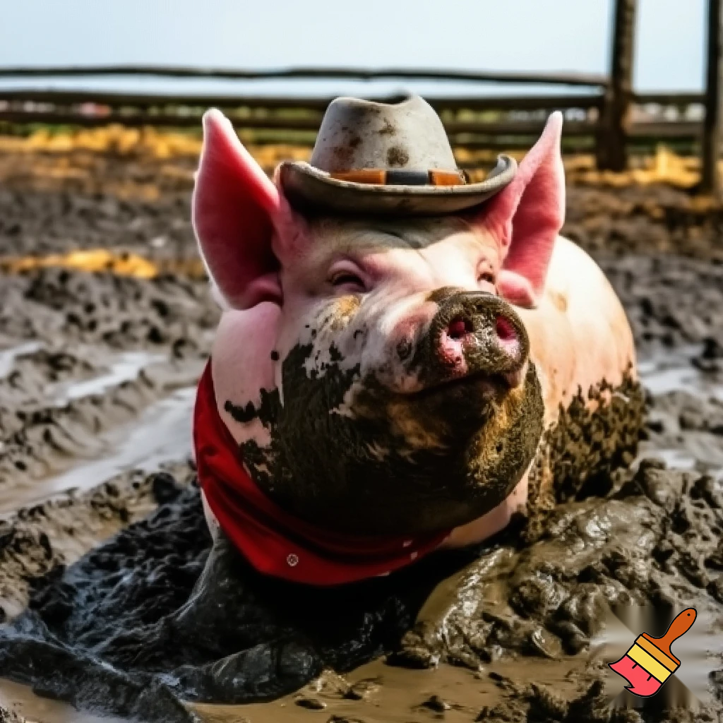 A pig dressed as a cowboy rolling in the mud