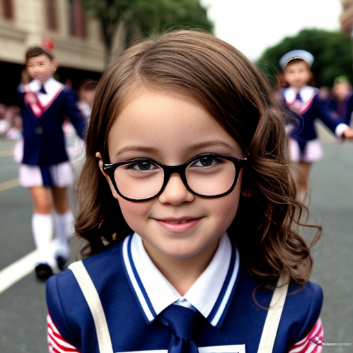 Cute adorable niña Chilindrina glasses con hair lazo curly Blonde con sailor uniforme escolar con zapatos negros escolar con calcetines blancos con Estados Unidos América bandera con desfile con ciudad 6
