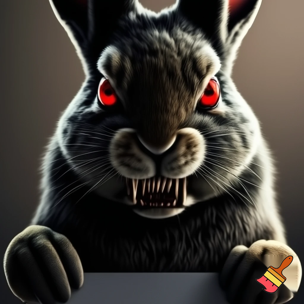 European rabbit red glaring eyes sharp teeth and fur holding a sign angry face firce
