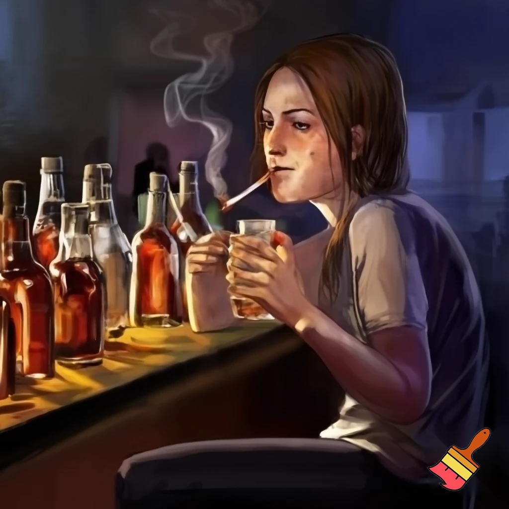 an extremely drunk 26 year old british girl with freckles in her hand and face wearing black leggings and t shirt at a bar with a cup of whiskey in her hand with a cigarette in her mouth and 8 empty bottles of whiskey 