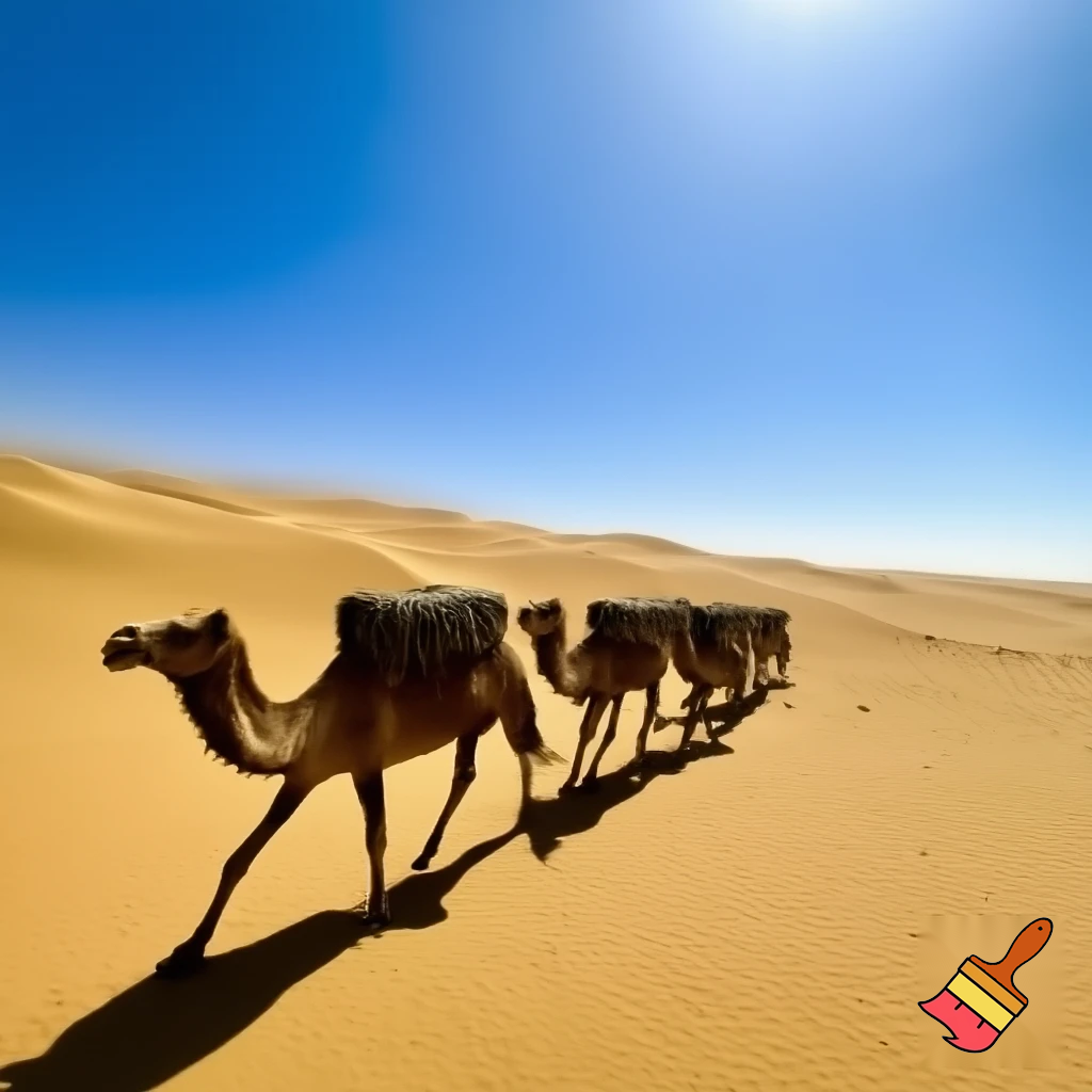 camels crossing the desert