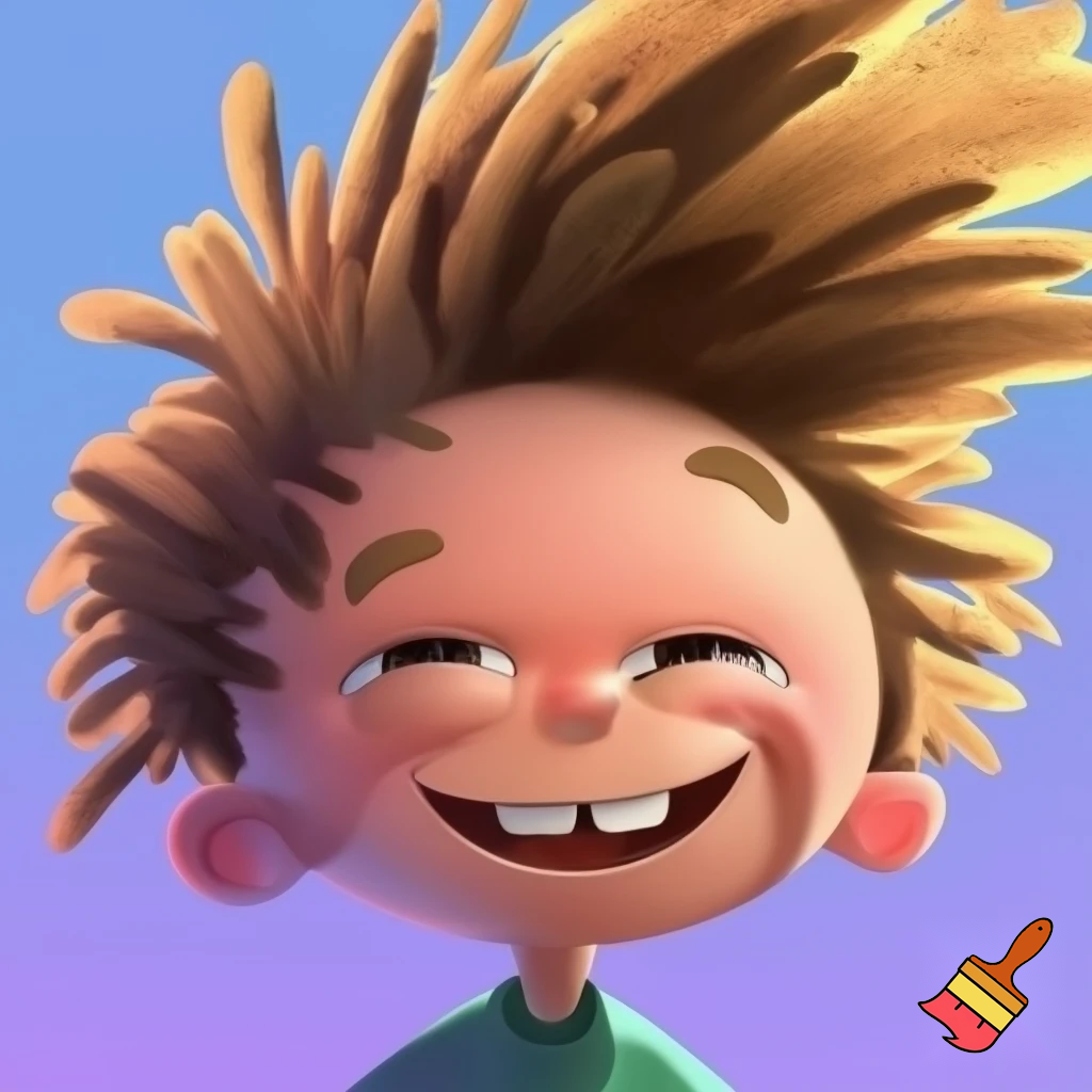 A goofy boy in caricature style with a large head and uneven teeth and fluffy hair and very tiny ears