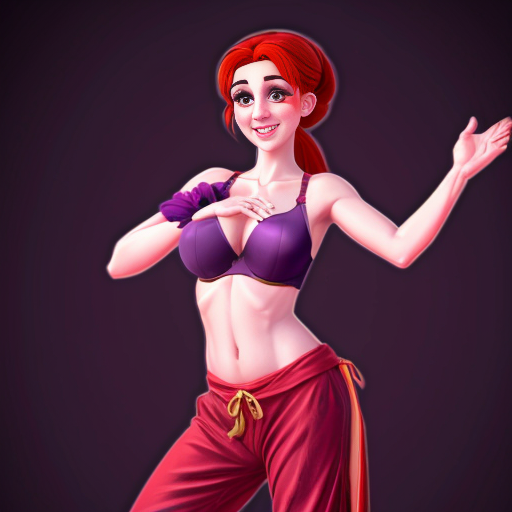 90's disney's 2d aladdin style comic dark black background and panels of 
panel 1 purple haired Ponytail shantae with red harem pants and red bra and red curved slippers with both hand palms place together and hiding the bottom of her mouth with a red veil wrapped around her arms and shoulders. 
panel 2 she danced with red harem pants with red bra and red curved slippers and red veil wrapped around her arms and shoulders and raising legs and bounced up and down her belly and shook her hips left and right. panel 3 as Shantae with red harem pants and red bra and curved red slippers spreading her arms, happily revealing her face to the viewer and giving a smile as she turns around shook her butt left and right. 
Panel 4 as purple haired Ponytail shantae with red harem pants and red bra and red curved slippers started to fading away , except her belly, which is bouncing around. 
Panel 5 then the ball transforms into the fading in belly of red haired Ponytail shantae with light purple skin and purple harem pants and purple bra and purple curved slippers and purple veil wrapped around her arms and shoulders with her swaying her hips. 
Panel 6 red haired Ponytail shantae with light purple skin and purple harem pants and purple bra and purple curved slippers and purple veil wrapped around her arms and shoulders and with her hand palms place together between her chest and she gives a smile and winking her left eye.    