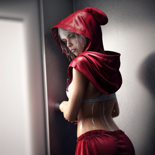 cute red riding hood, cinema, realistic, ultrarealistic, sideview, silver hair, strong makeup, 12 age, opening her hood, cameltoe, opening, wet, at shower, view from up, pullin, pulling down pnt