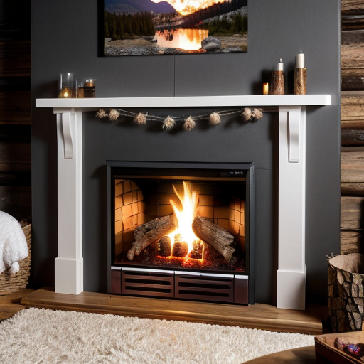 Photo in portrait mode of a warm fireplace burning in a cozy log cabin with a view of snowcap mountain overlooking a clear as crystal lake