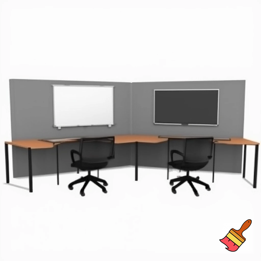 to arbejdsstationer , som består af 2 vægge 1,5 m høje, som står overfor hinanden ( på den ene - er whiteboard, på den anden - en skærm), med et klapbord på  hver væg (under whightboardet og skærmen), 2 stole på begge sider af hvert klapbord. Der er ikke væg imellem stationerne. Der skal være plads og stole til 4 personer