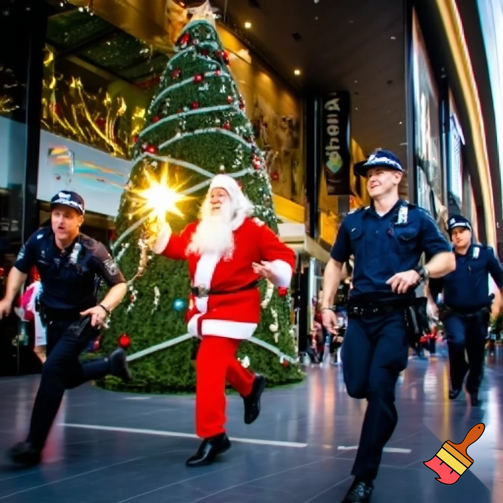 Santa Claus dancing shopping Centre walking Australian magic walking stick walking stick star running outside of the shopping centre on the Christmas tree  policeman are running