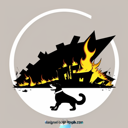 a super hero saving a dog from a bomb explotion. show a destroyed city in the baground up in flames 
