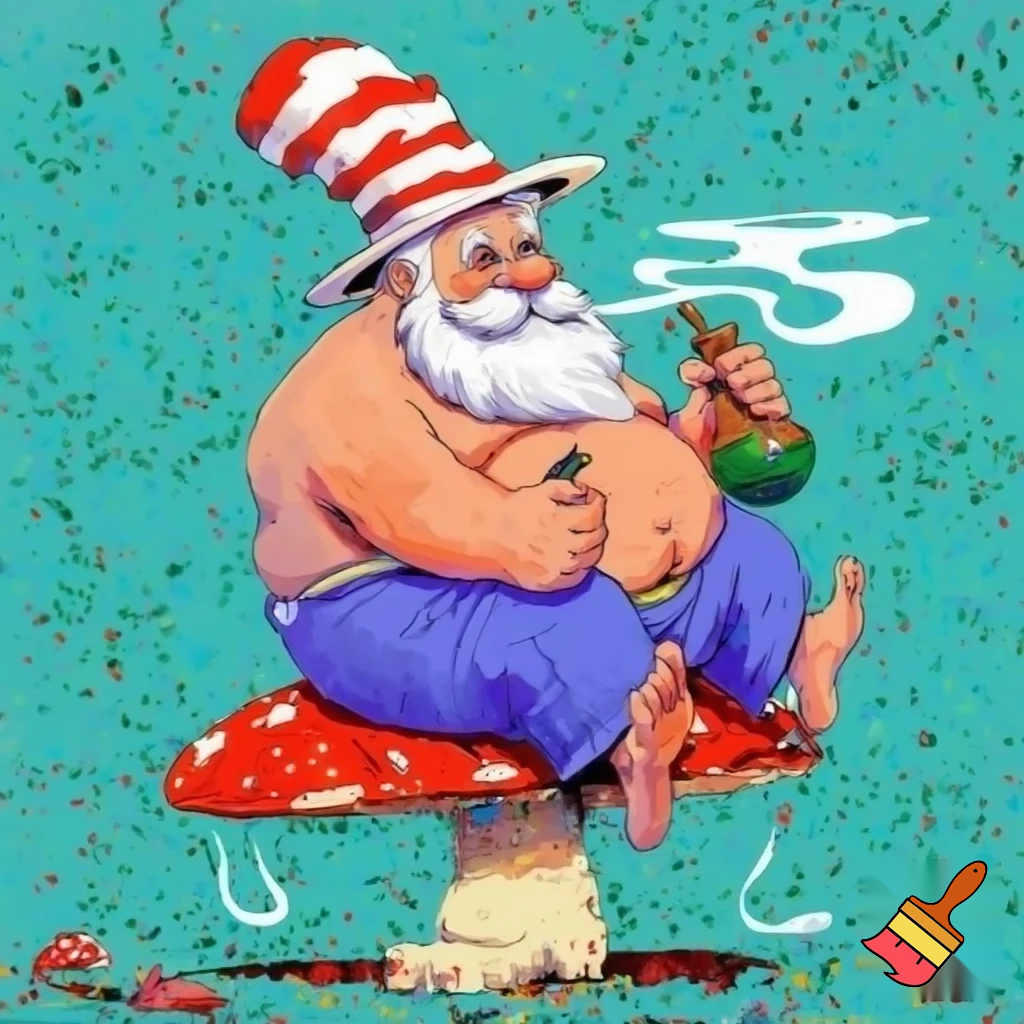 Very fat Mexican with white beard and dr Seuss hat sitting on a mushroom and smoking a bong
