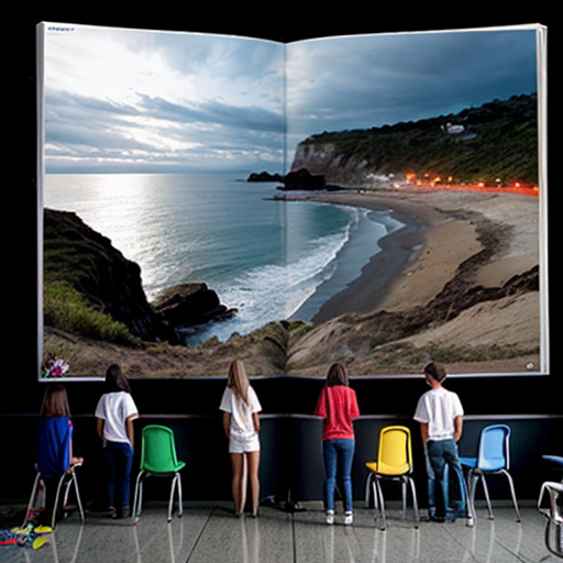 High school classroom yearbook group picture of people standing on the edge of the cliff to the ocean, at pitch black night heavy rainy night