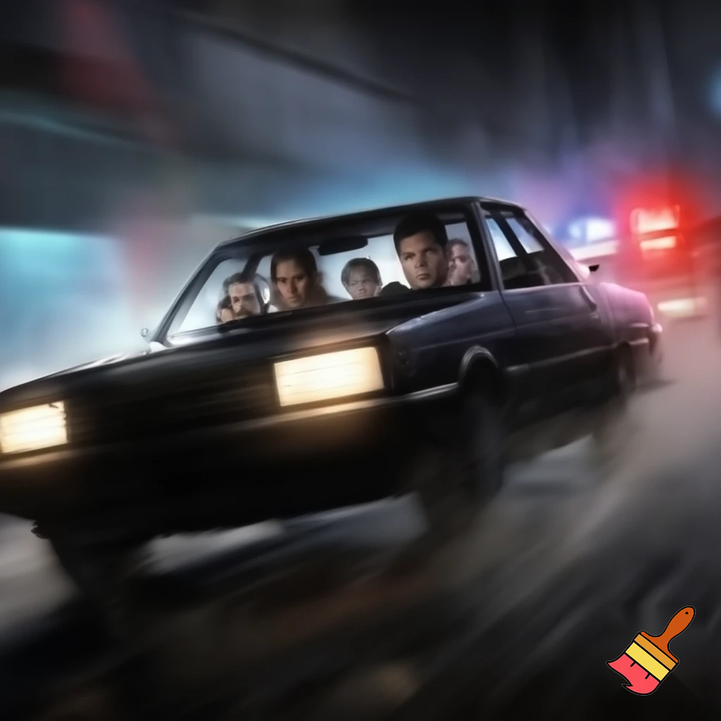 Female and male that are criminals in car running from police and two kids in the back.