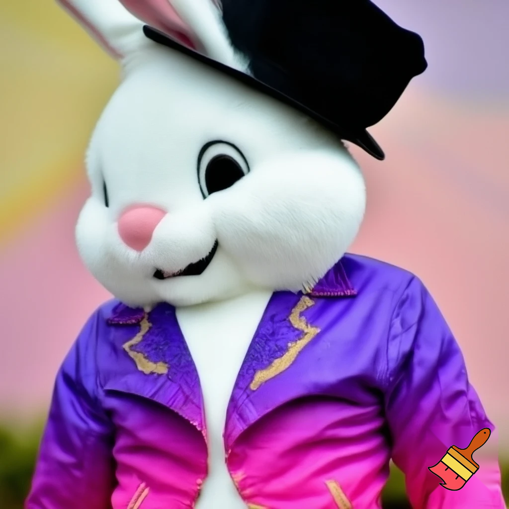 Easter bunny mascot costume top hat a colour face jacket purple and pink pink, purple and pink and gold purple and pink and gold