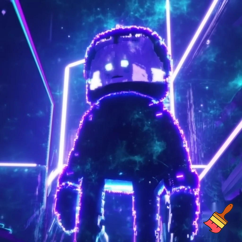 A futuristic, neon violet-blue scene featuring a pixel-style astronaut tomato as the main character. The tomato astronaut wears a glowing hooded suit with bright violet-blue LED accents. The background is illuminated with soft neon frames and cyberpunk lighting. The character has a mysterious, calm expression, glowing eyes, and a slightly pixelated texture. The overall vibe is high-tech, cosmic, and vibrant, with strong violet and blue tones.
