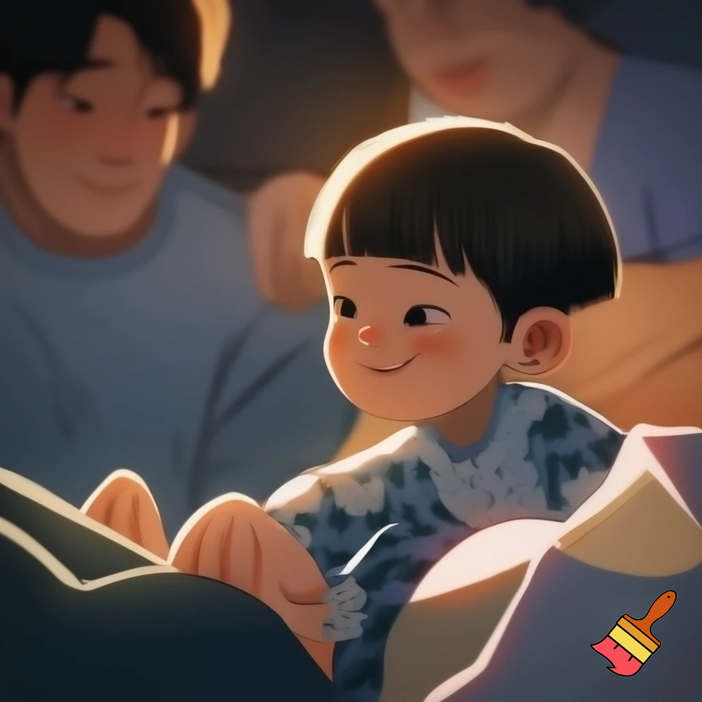 A family the brother has a bob cut two inches long and is wearing his pj

