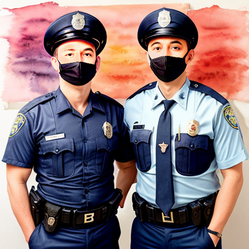 two anime men standing next to each other one wearing half police uniform and a police hat with a visor covering his face and eyes and the other man is wearing full police uniform and a police hat 
