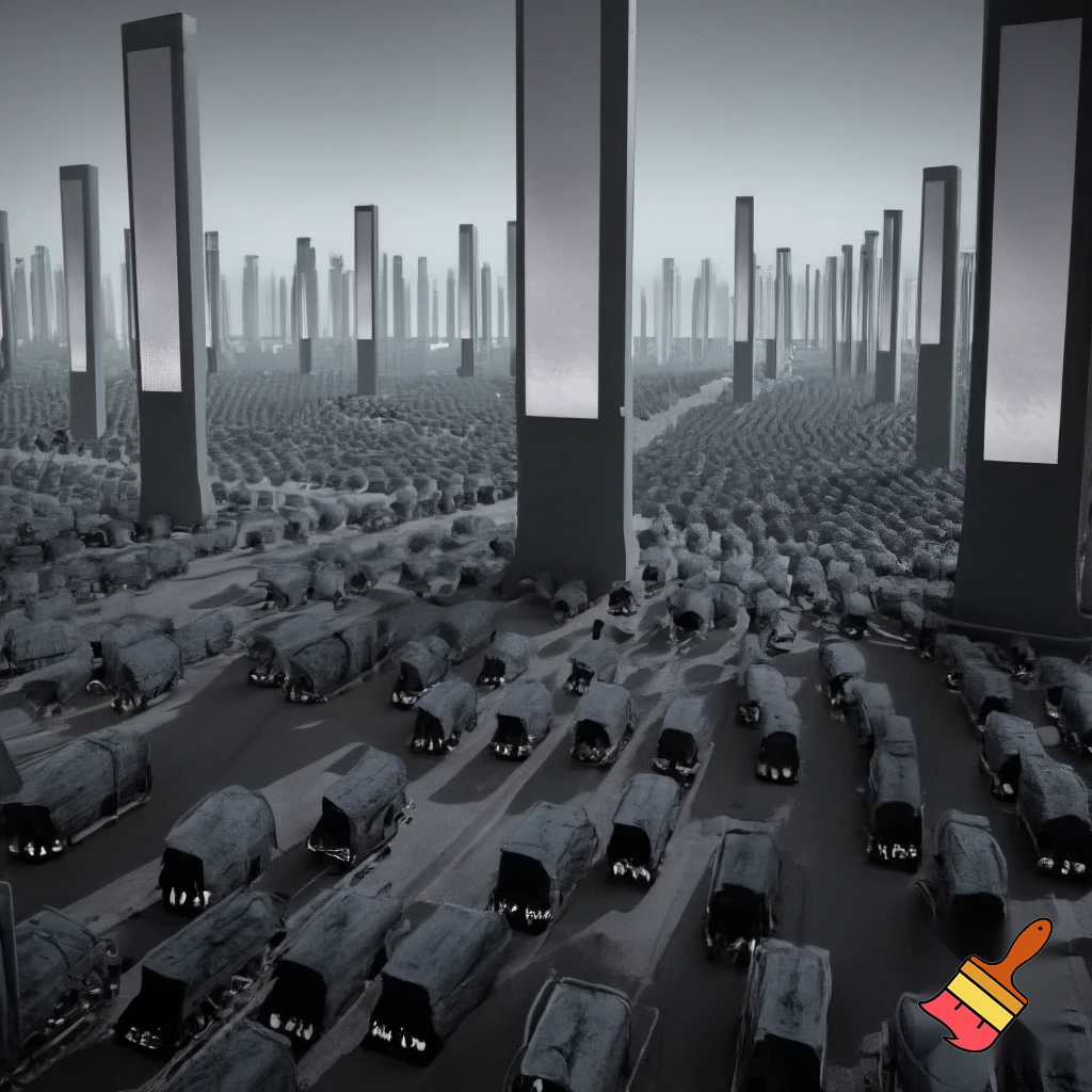 blank grey city with lots of people and cars. the buildings must all be the same with a big TV showing the same picture on all of them. people must be wearing grey and black shirts and all look the same.