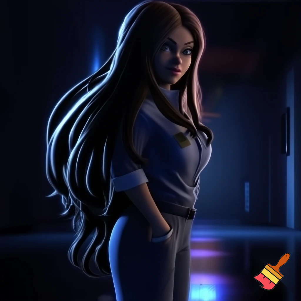 Vanessa from five nights at Freddy’s security breach with her extremely long hair down; while wearing a proper security/ night guard outfit 