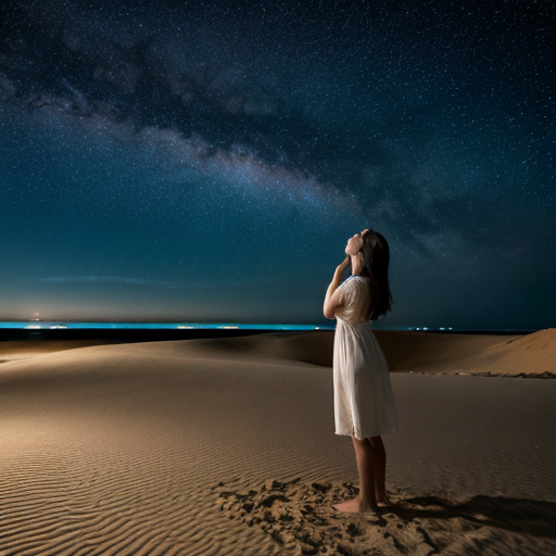 A girl amidst the sand, with the sea before her, gazing at the stars
