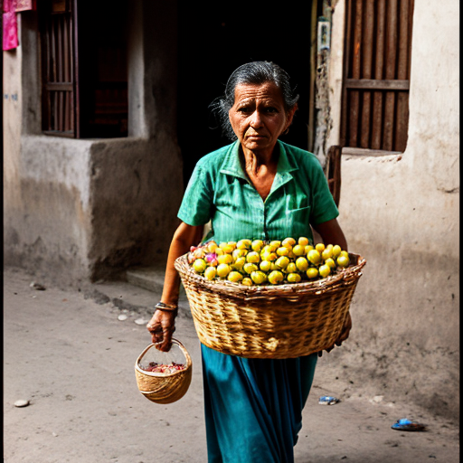 A kind fruit seller woman carrying a woven basket full of colorful fruits, walking through Gokul lanes, tired but hopeful
