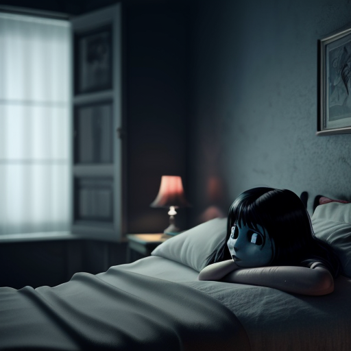 “3D Pixar-style animated horror scene, a cute young girl sleeping on a bed at night, long black hair on the pillow, a creepy pale ghost hand slowly touching her hair from behind, the girl opening her eyes with a shocked and scared expression, dark bedroom, blue moonlight coming through the window, spooky shadows on the wall, cinematic dramatic lighting, suspenseful horror atmosphere, ultra detailed, high quality, vibrant 3D animated movie style, expressive face, depth of field, dramatic camera angle, YouTube viral thumbnail composition.”