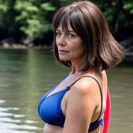 A woman, 51 years old,  stands at the riverbank. Backside. She has short dark brown hair. Woman is little bit chubby. Woman is wearing her blue bikini. Woman's head is floating 1 meter above her neck. 