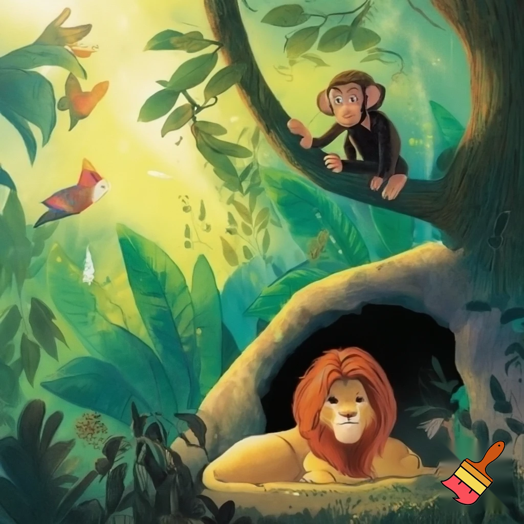 A peaceful jungle scene illustrated in a warm, storybook style. A proud lion named Charles rests calmly near the entrance of his cozy cave, while a curious chimpanzee named Parker climbs high in the trees, looking out as if dreaming of adventure. The sunlight filters softly through green leaves, colorful birds sing, and a gentle breeze moves the plants. The scene feels happy, calm, and full of life.”