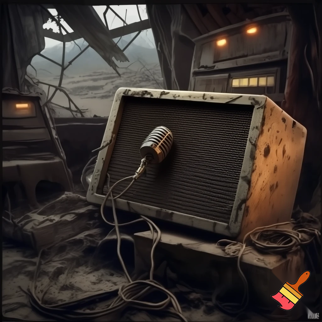 Disegna uno speaker su di una postazione radio moderna in un ambientazione post apocalittica. Lo speacer è steso nella postazione con un microfono conficcato in testa